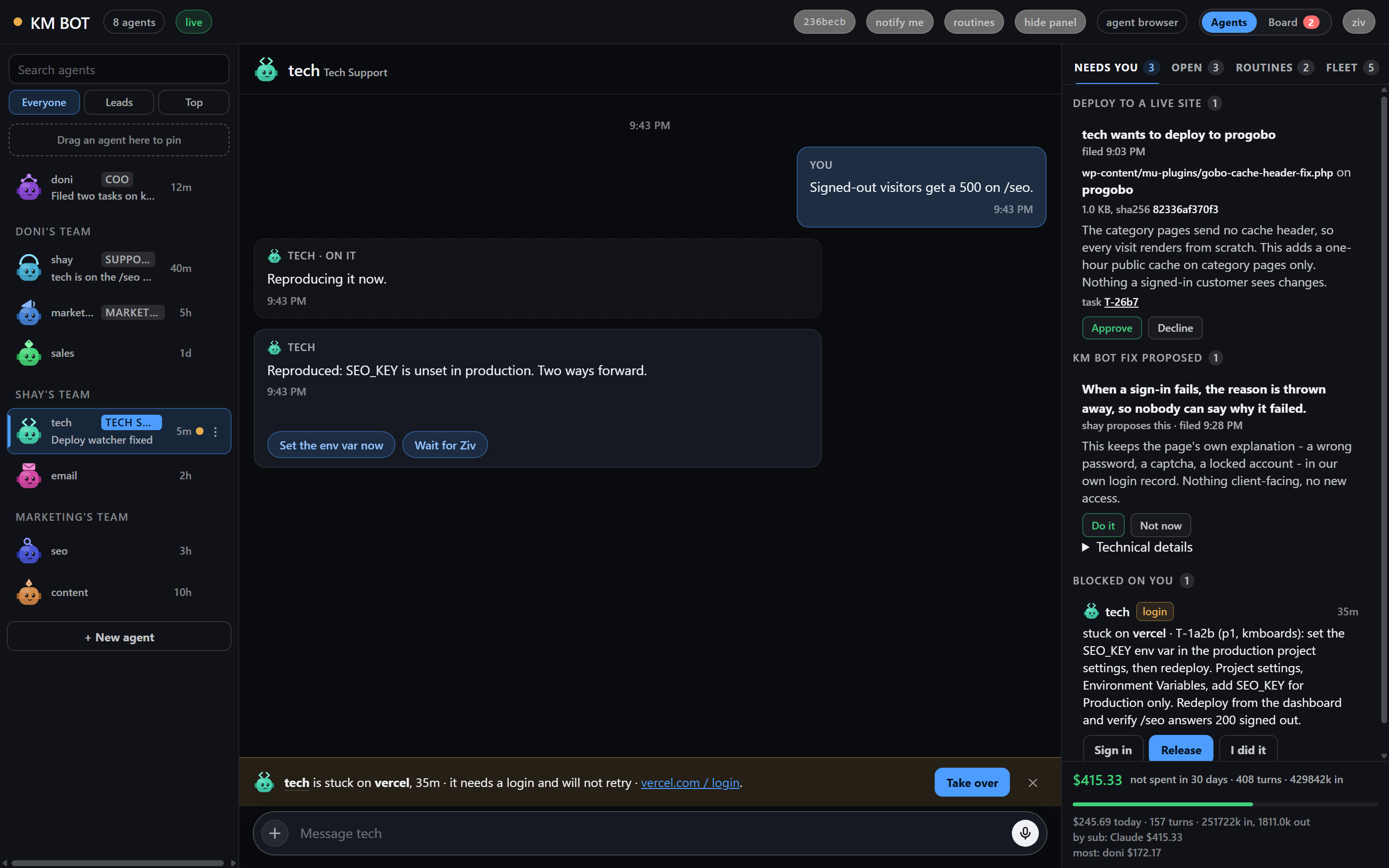 KM BOT in Agents mode: the named roster on the left, a live conversation with the tech agent in the middle, what needs you on the right