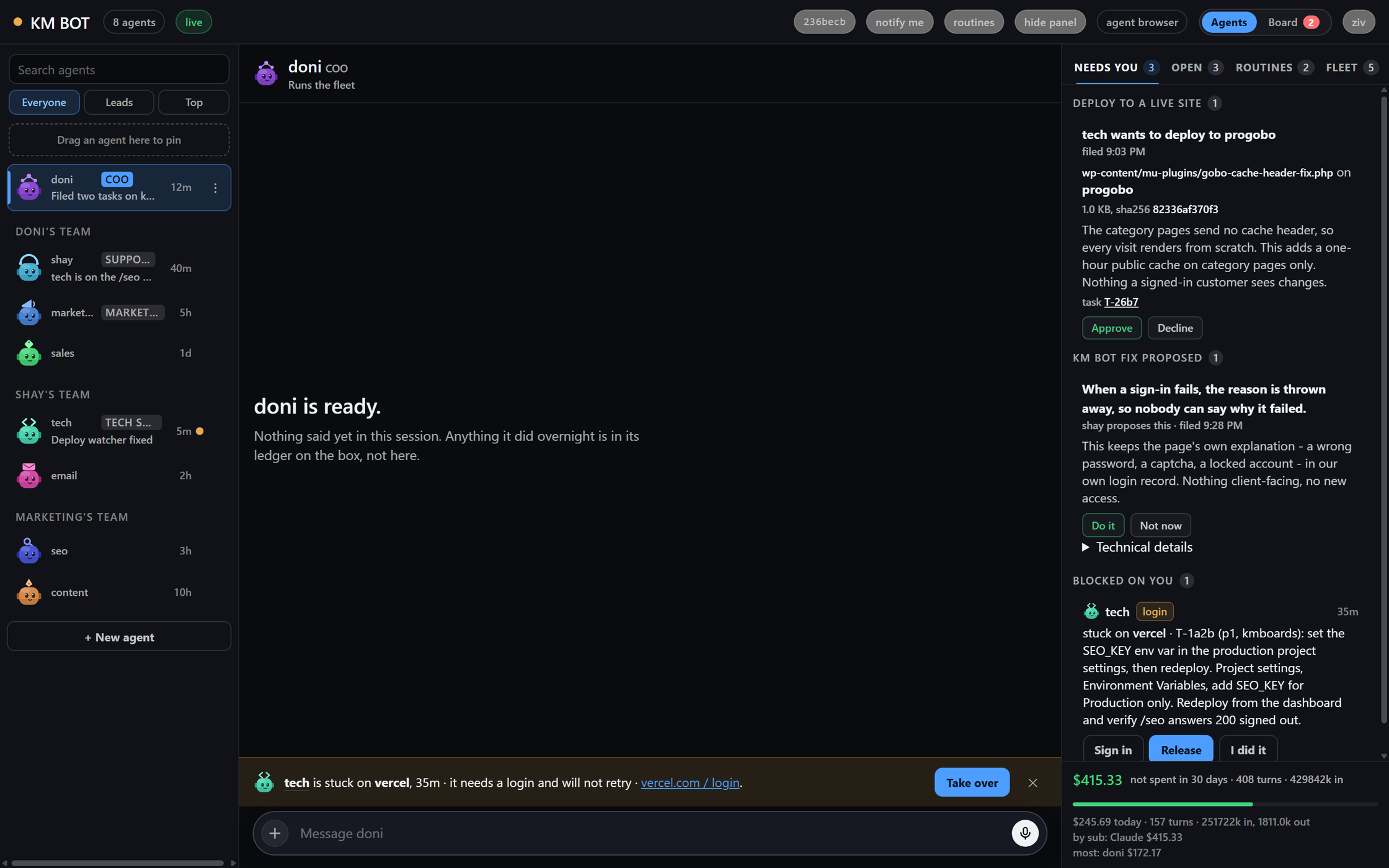Agents mode: the roster on the left, a conversation with an agent in the middle, what needs you on the right