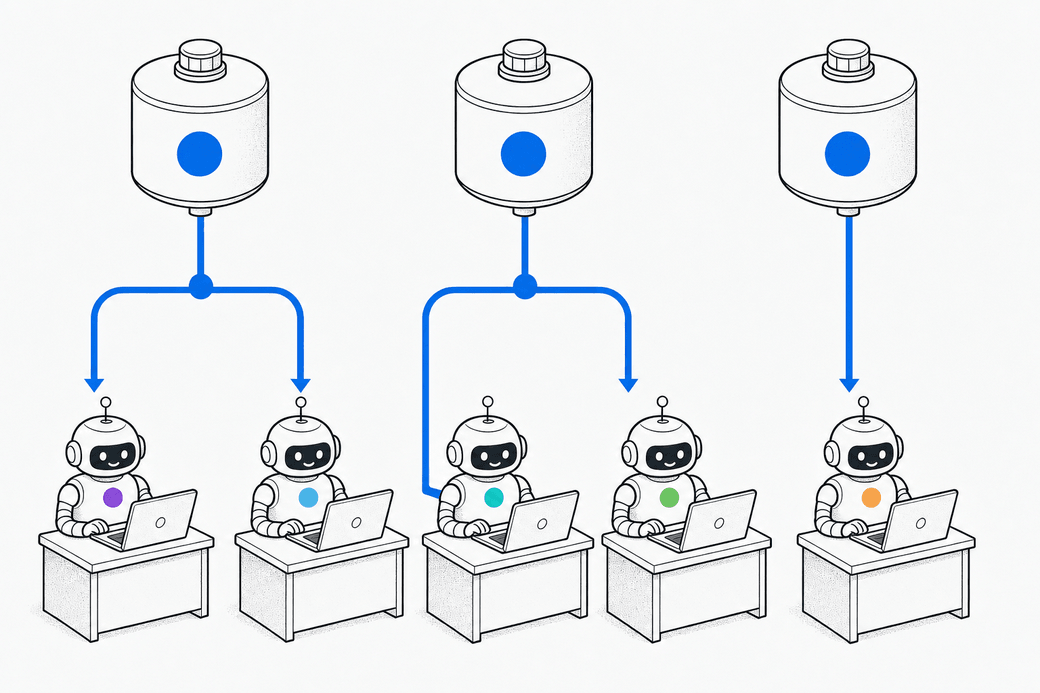 Illustration: three subscription plans, Claude, ChatGPT and Grok, each fueling several working agents at once