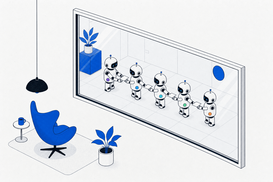 Illustration: a quiet observation window into a room of small agents passing a note along
