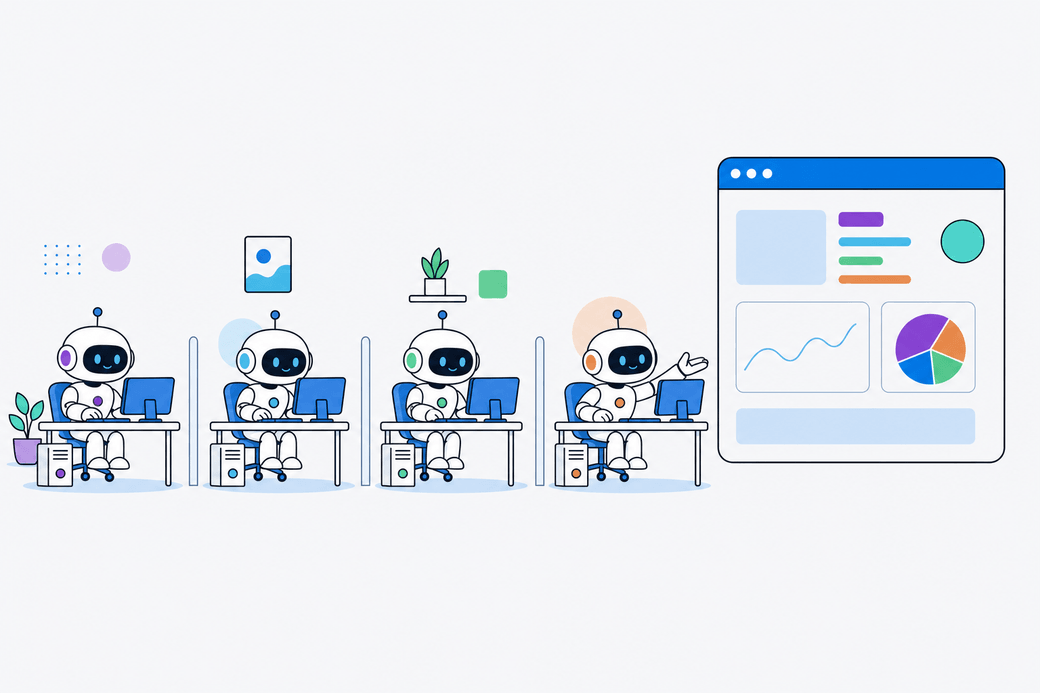 Illustration: a row of separate desks, one computer and one agent each, one agent reaching toward a shared browser window