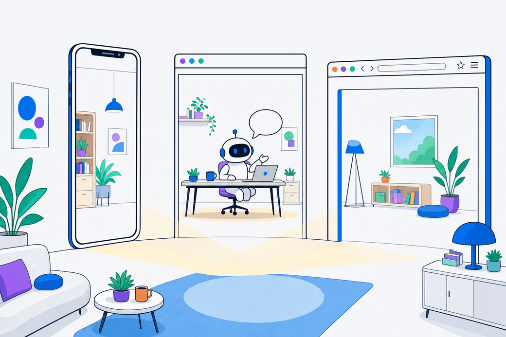 Illustration: three doorways shaped like a phone, an app window and a browser, all opening into one room with one agent at a desk