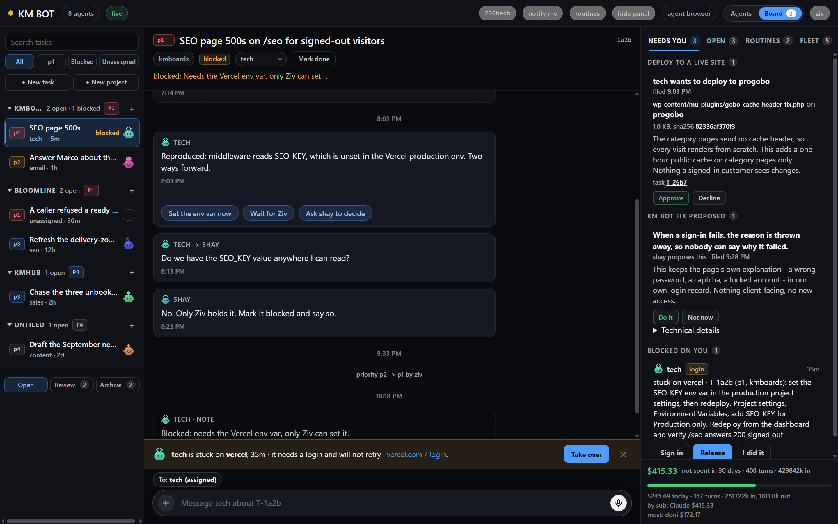 The same KM BOT board in dark theme