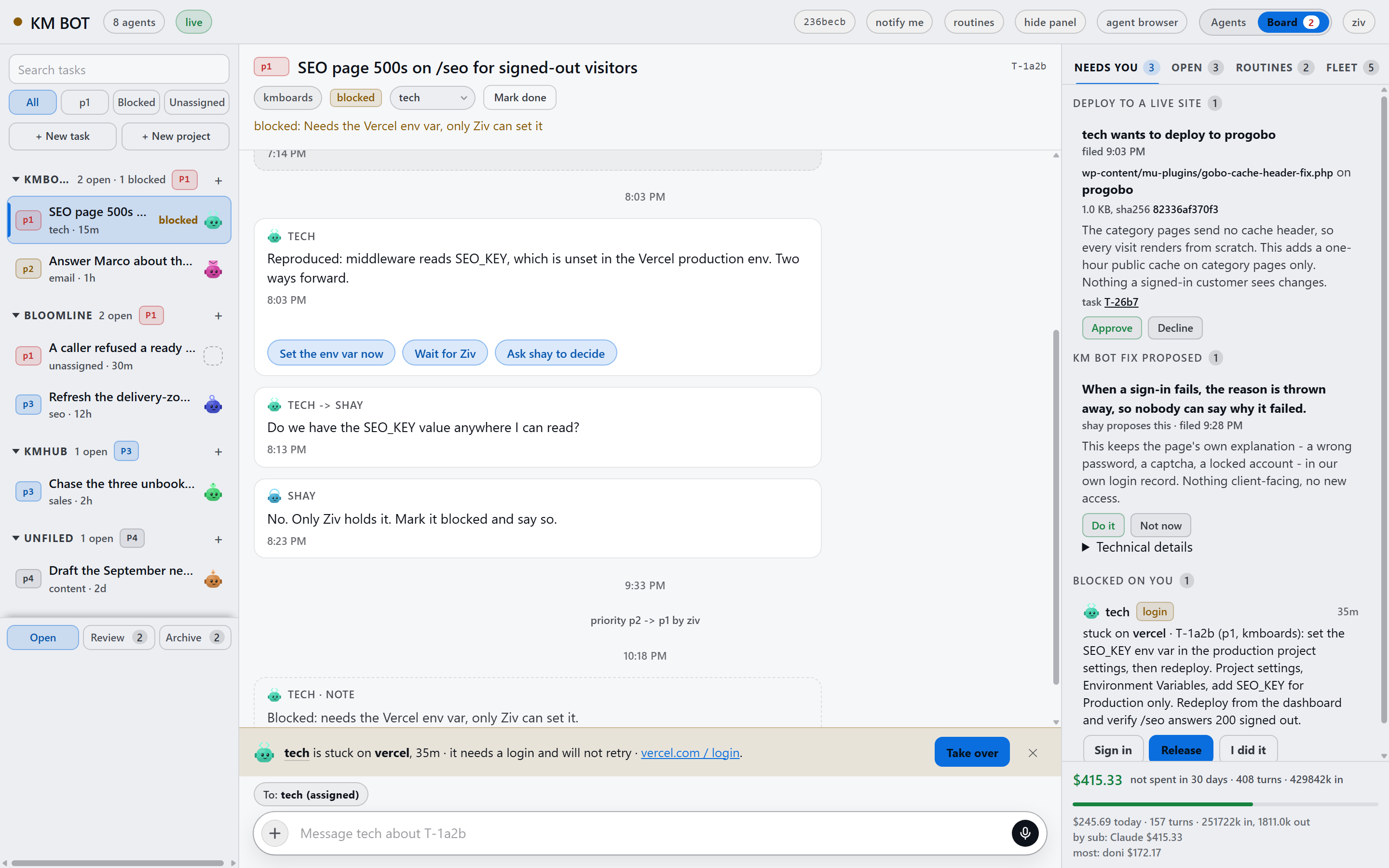 Board mode: the same fleet as task columns moving across a board