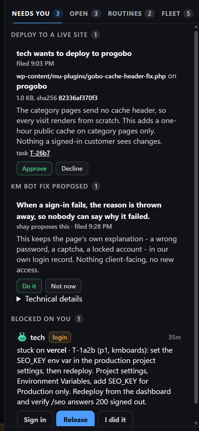 The waiting-on-you view showing only items that need the owner