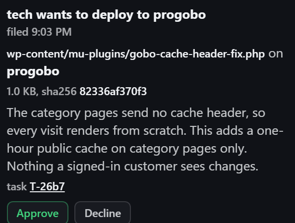 A deploy request card with Approve and Decline buttons