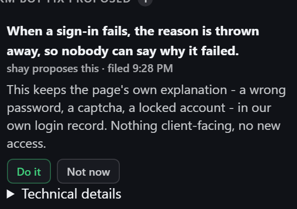 A proposed fix card explaining the change in plain words with Do it and Not now buttons