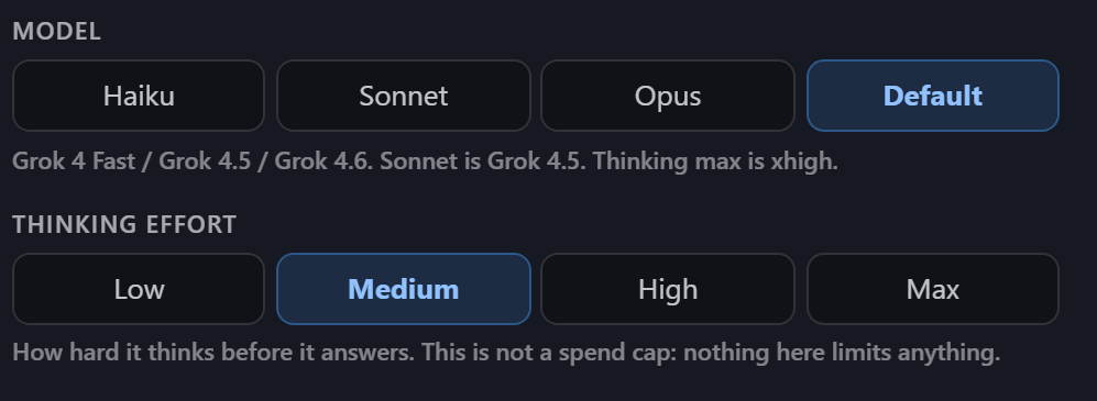 The per-agent model picker and thinking-effort control